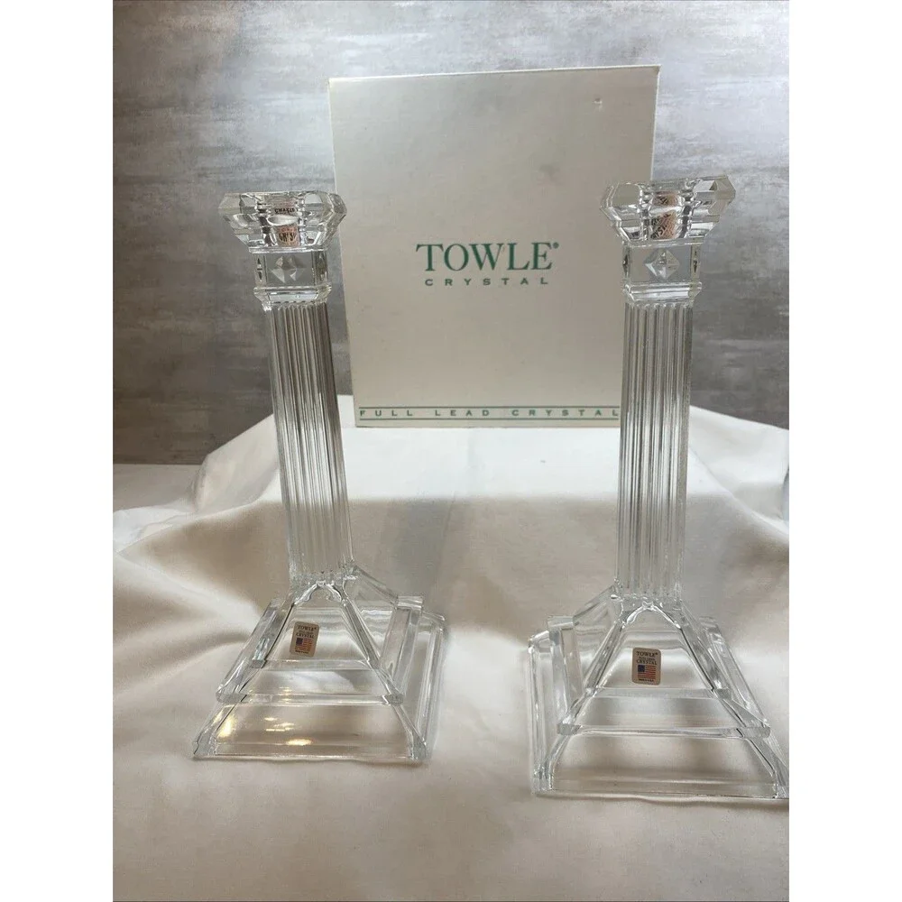 Towle Crystal 10” Georgian Candlestick Holders Pillar Style New In Box